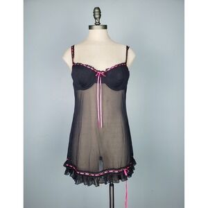 Victoria's Secret Women's 36C Padded Push Up Babydoll Nightie Black Pink Sheer